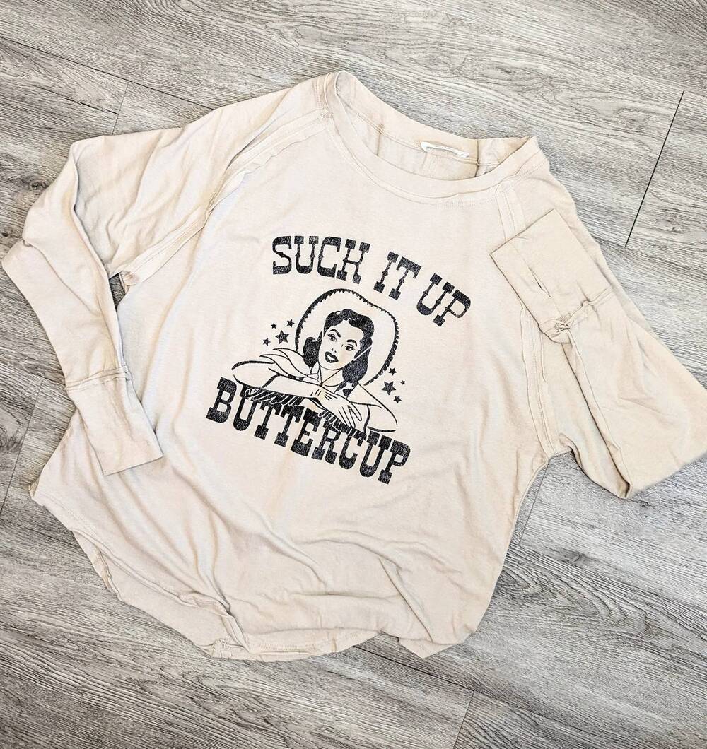 NEW ZENANA women's suck it up buttercup thumb hole t-shirt in beige